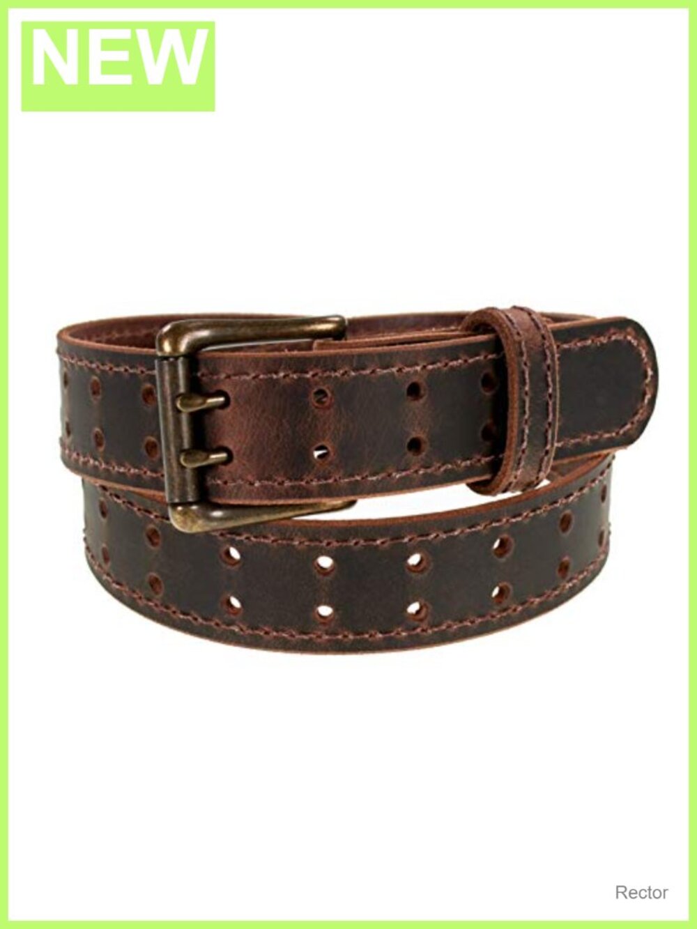 Men's Classic Full Grain Leather Belt Retro Double Prong Antique Brass Buckle